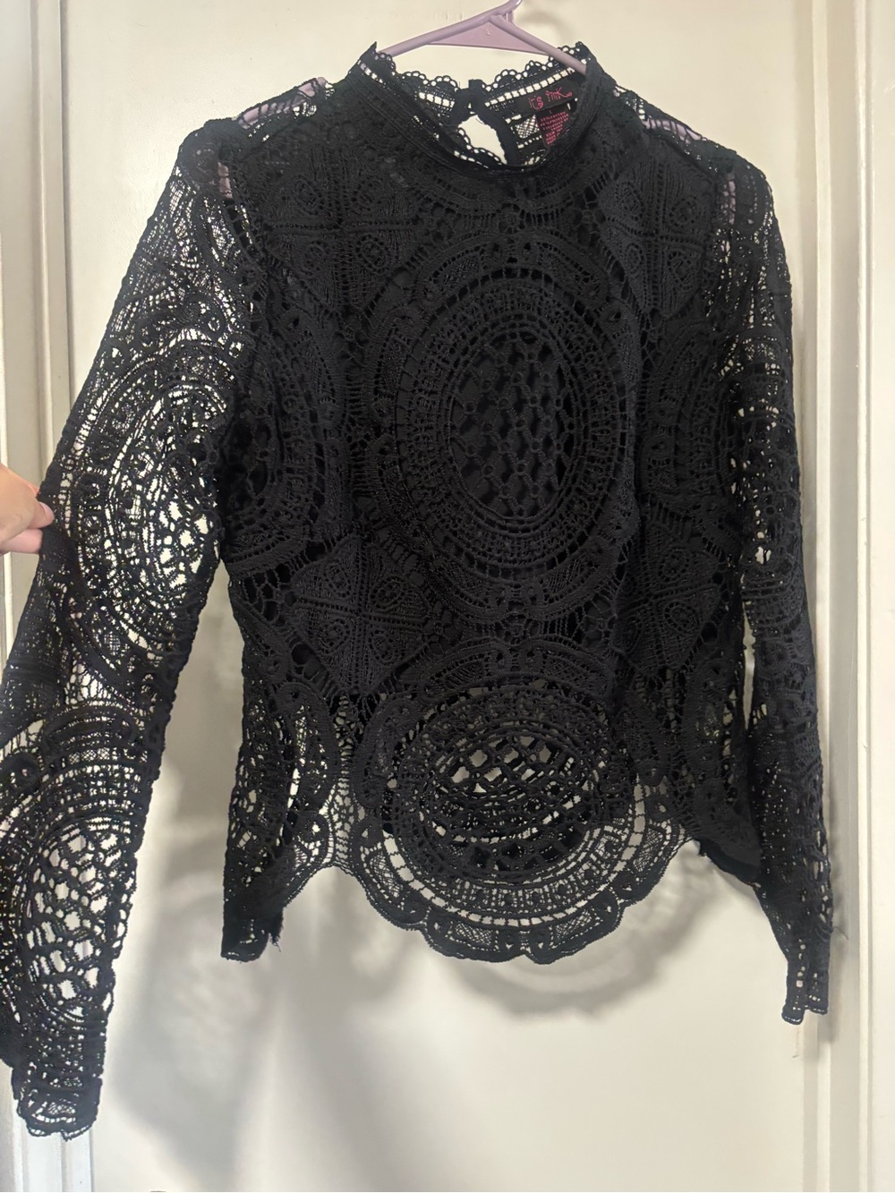 Windsor Black Crochet Lace High-Neck Long-Sleeve Top - Picture 7 of 7